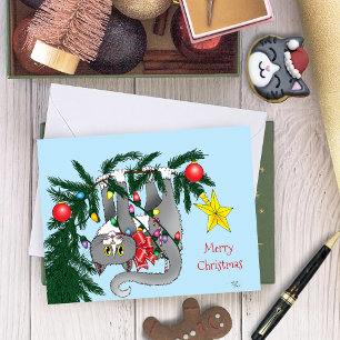 Tarjeta Gato Gris Juguetón Colgando del Árbol de Navidad