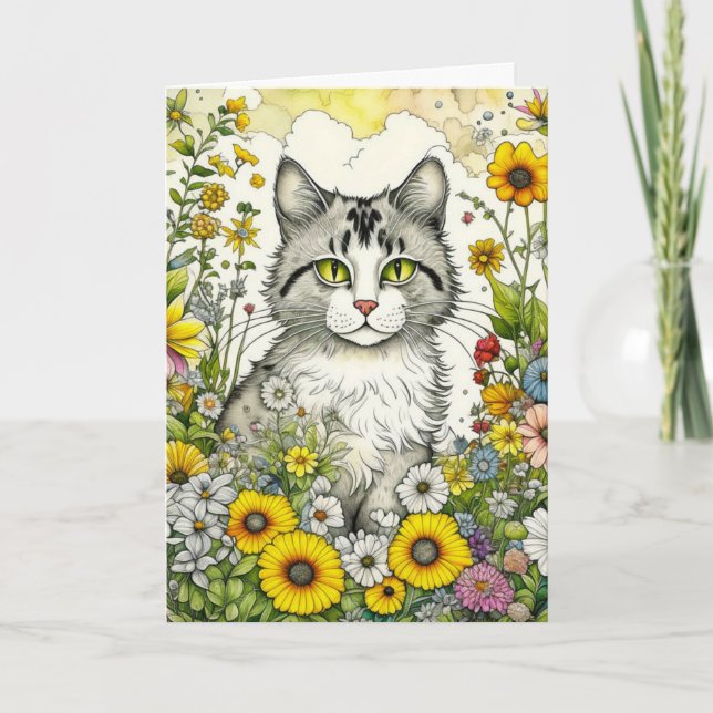Tarjeta Gato Gris Kitty sentado en las flores Cumpleaños (Anverso)