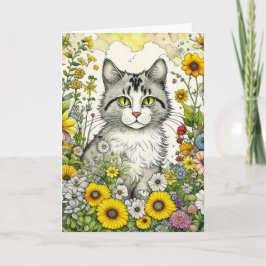 Tarjeta Gato Gris Kitty sentado en las flores Cumpleaños