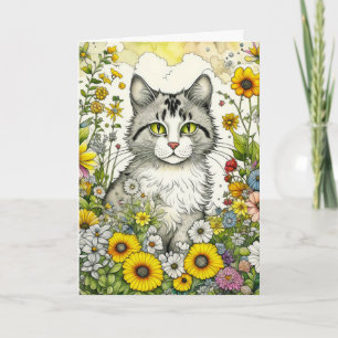 Tarjeta Gato Gris Kitty sentado en las flores Cumpleaños