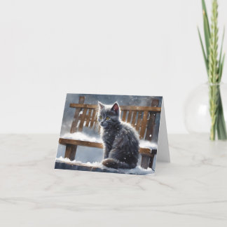 Tarjeta Gato gris lindo en banco de invierno Saludo en bla