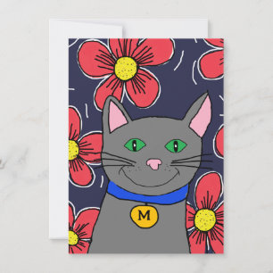 Tarjeta gato gris personalizado con flores personaliza el 