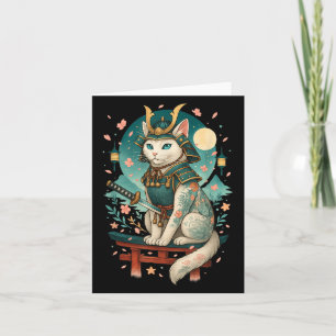 Tarjeta Gato japonés flor de cerezo samurái luz de luna