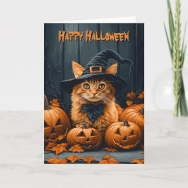 Tarjeta Gato jengibre con calabazas Halloween