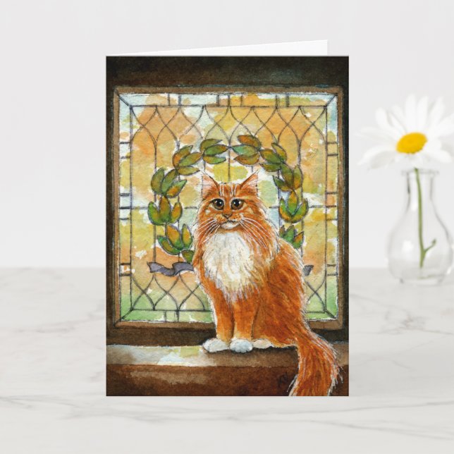 Tarjeta Gato jengibre con vidriera victoriana (Planta pequeña)