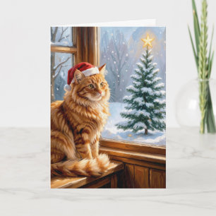 Tarjeta Gato Jengibre de Navidad en Ventana de Granja