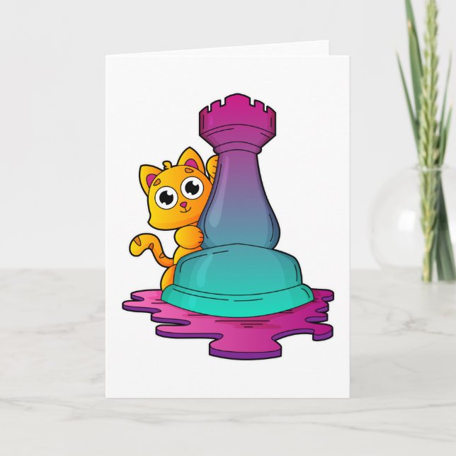 Tarjeta Gato jugando ajedrez con la pieza de ajedrez torre (Anverso)
