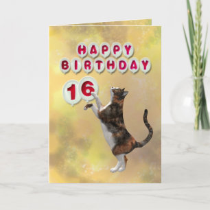 Tarjeta Gato juguetón y globos de cumpleaños 16 Feliz