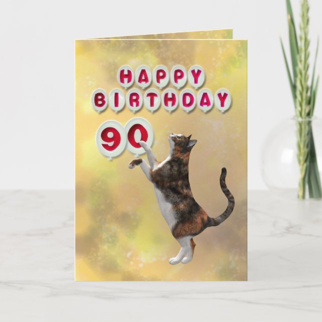 Tarjeta Gato juguetón y globos de cumpleaños 90 (Anverso)