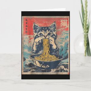 Tarjeta Gato Kawaii Comiendo Fideos Ramen Regalo Divertido