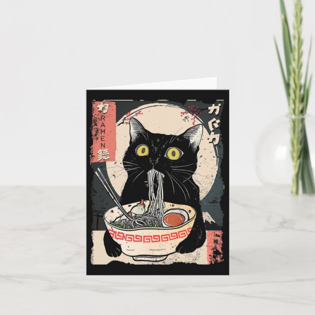 Tarjeta Gato Kawaii Comiendo Fideos Ramen Regalo Divertido (Anverso)