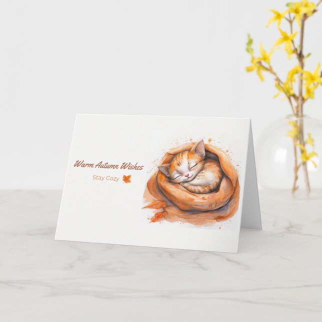 Tarjeta Gato Kawaii de color de agua durmiendo (flor amarilla)