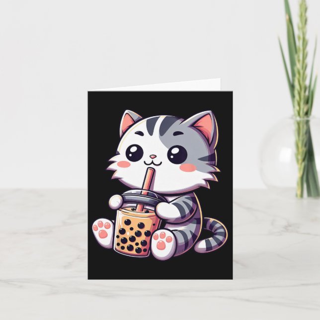 Tarjeta Gato Kawaii Lindo Boba Burbuja Leche Té Anime Neko (Anverso)