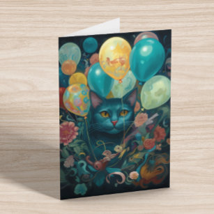 Tarjeta Gato Kitty con globos de cumpleaños