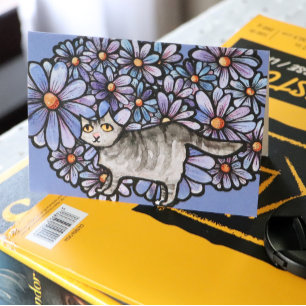 Tarjeta Gato Kitty Púrpura Daisies Gris Gato Gris Gris Gri