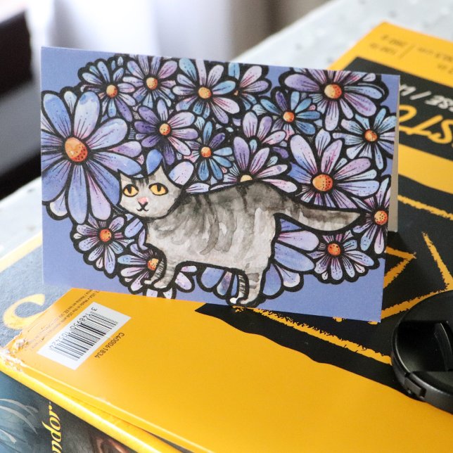 Tarjeta Gato Kitty Púrpura Daisies Gris Gato Gris Gris Gri (Subido por el creador)