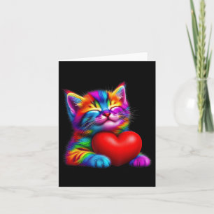 Tarjeta Gato lindo arcoiris abrazando a Valentine Heart Ki
