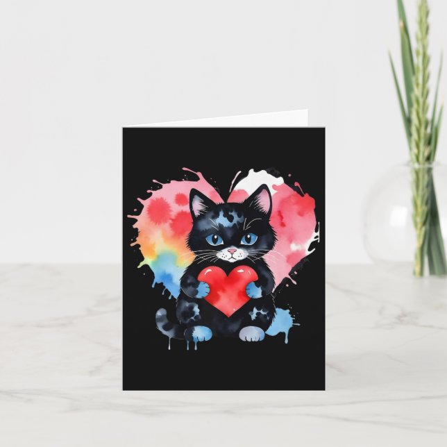 Tarjeta Gato lindo arcoíris abrazando corazón de San Valen (Anverso)