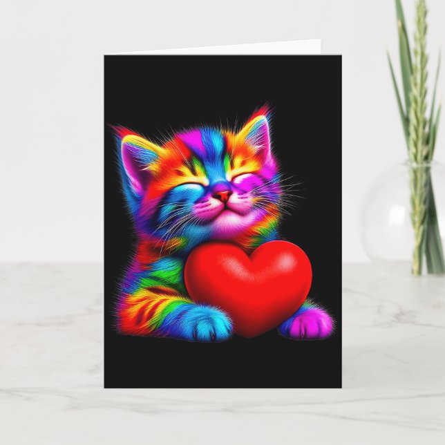 Tarjeta Gato lindo arcoíris abrazando corazón de San Valen (Anverso)