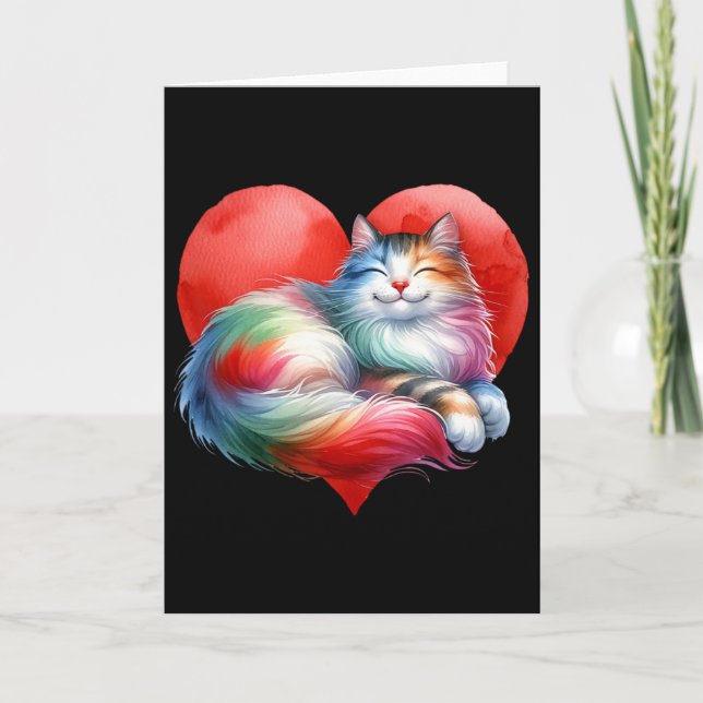 Tarjeta Gato lindo arcoíris abrazando corazón gatito amor  (Anverso)