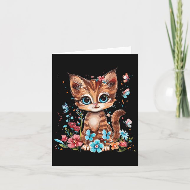 Tarjeta Gato lindo con flores en gato infantil (Anverso)