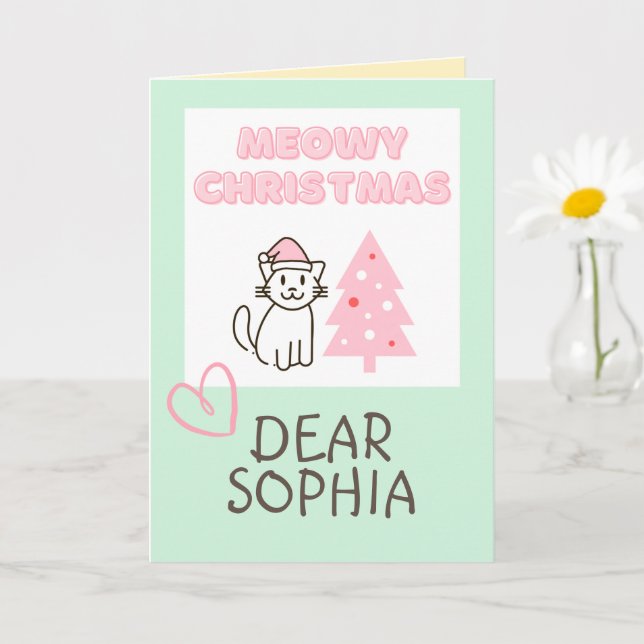 Tarjeta Gato lindo con sombrero de Santa y árbol de Navida (Planta pequeña)