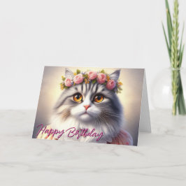 Tarjeta Gato Lindo con Vestido y Corona Cumpleaños