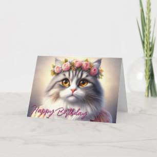 Tarjeta Gato Lindo con Vestido y Corona Cumpleaños