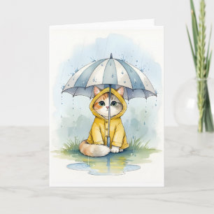 Tarjeta Gato Lindo en Impermeable con Acuarela de Paraguas
