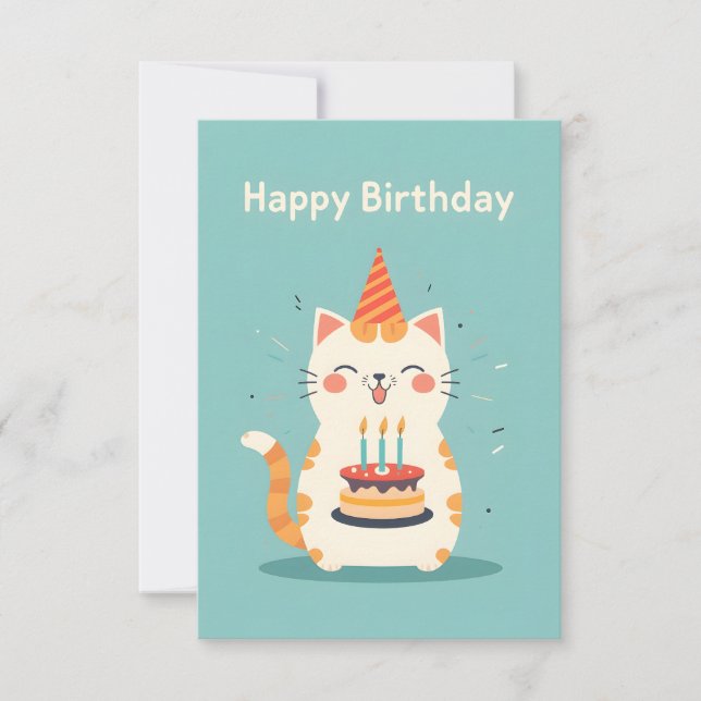 Tarjeta Gato lindo llevando pastel de cumpleaños (Anverso)