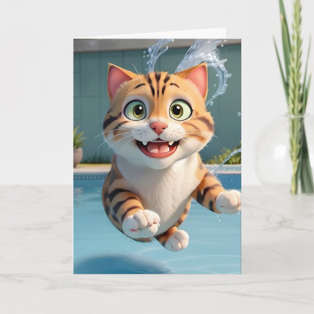 Tarjeta Gato Lindo Volar Natando Buceando Piscina Divertid (Anverso)