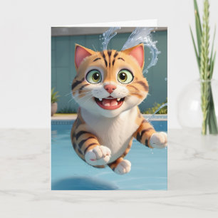 Tarjeta Gato Lindo Vuelo Natación Buceo Piscina Divertida 