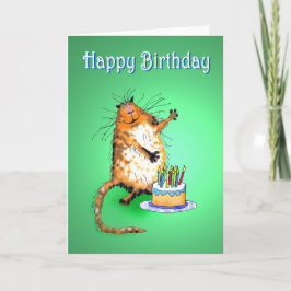 Tarjeta gato loco y torta de cumpleaños y velas, humor,