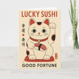 Tarjeta Gato Lucky Sushi Maneki Neko Ilustración, Japonés