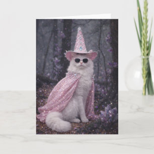 Tarjeta Gato Mago Mágico en Capa y Sombrero Rosa Brillante