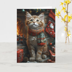 Tarjeta Gato Maine Coon con regalos de Navidad junto a la