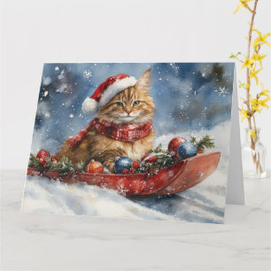 Tarjeta Gato Maine Coon en Trineo Deja que Nieve Navidad