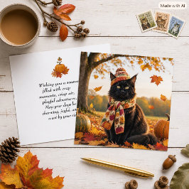 Tarjeta Gato Maine Coon negro lindo Hojas de otoño Otoño