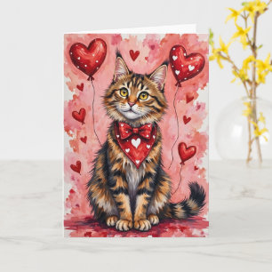 Tarjeta Gato Maine Coon San Valentín Sentado con Corazones
