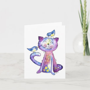 Tarjeta Gato malva chiflado con pájaros