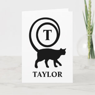 Tarjeta Gato Minino Nombre Inicial Monograma Blanco Negro 