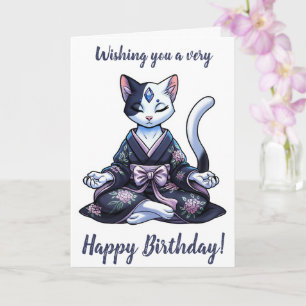 Tarjeta Gato místico meditante en Kimono floral