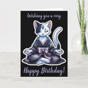 Tarjeta Gato místico meditante en negro con Kimono floral