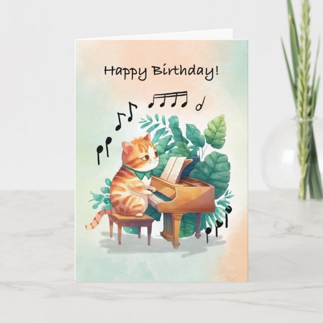 Tarjeta Gato musical de cumpleaños tocando piano (Anverso)
