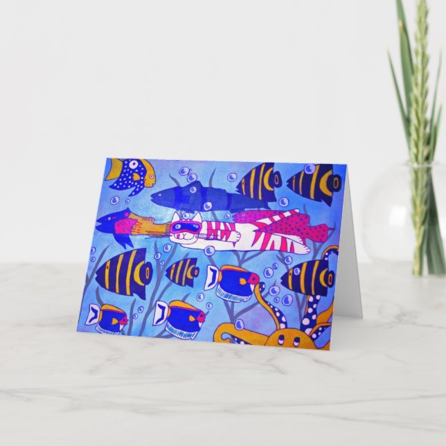 Tarjeta Gato nadando con peces (Anverso)
