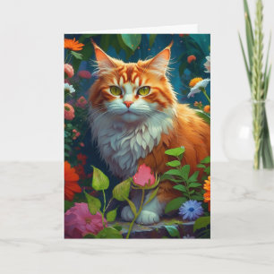 Tarjeta Gato Naranja Adorable en Flores Pensando en Ti