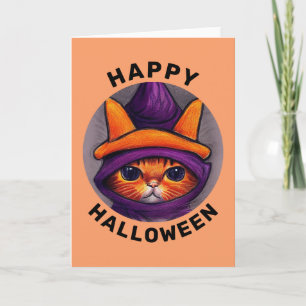 Tarjeta Gato naranja con sombrero de bruja morado Feliz Ha
