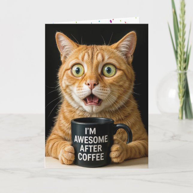 Tarjeta Gato Naranja de cumpleaños con café divertido (Anverso)