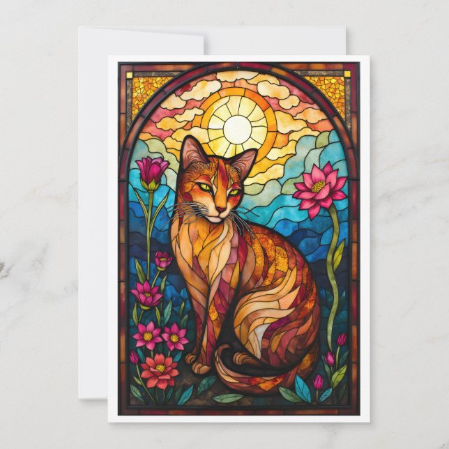 Tarjeta Gato Naranja Estilo Vidrio Emplomado con Flores Ro (Anverso)