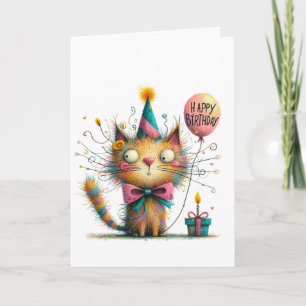 Tarjeta Gato naranja extravagante con sombrero de fiesta y